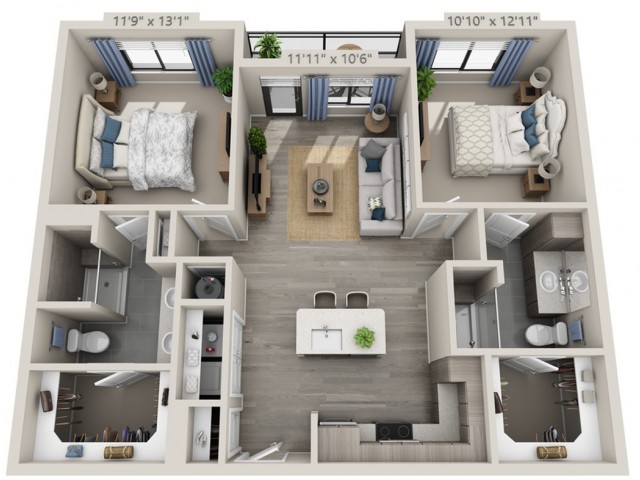A modern 2-bedroom apartment floor plan with a spacious living room and open kitchen layout.