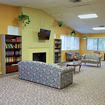 A cozy living room with couches, bookshelves, a TV, and large windows.