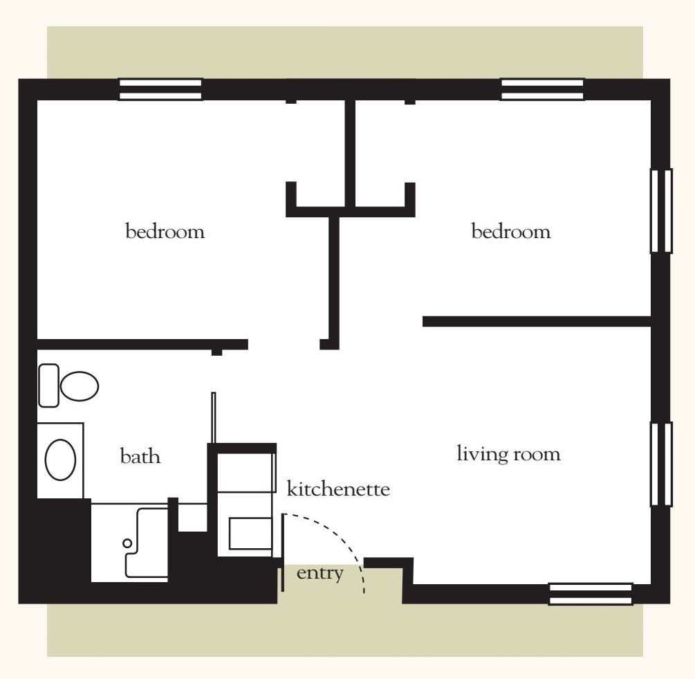 A floor plan of an apartment featuring two bedrooms, a bathroom, a kitchen, and a living room.