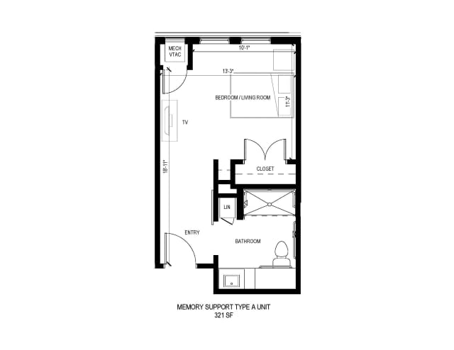 Studio apartment floor plan with designated kitchen and bathroom areas.