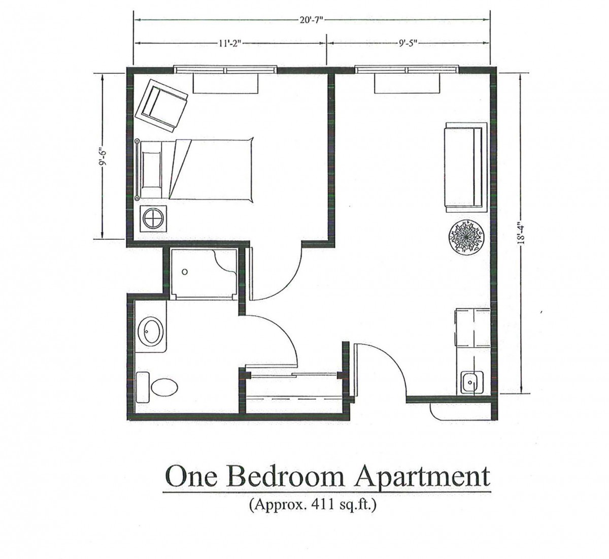 A floor plan of a one-bedroom apartment measuring approximately 411 square feet.