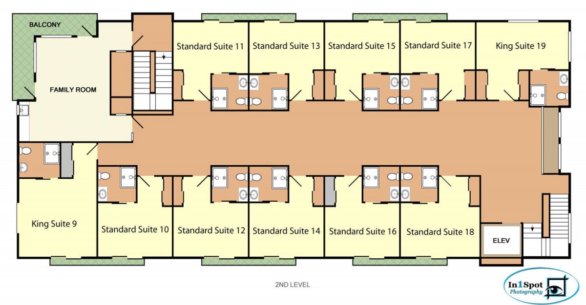 A floor plan depicting the layout of standard suites along a central corridor.