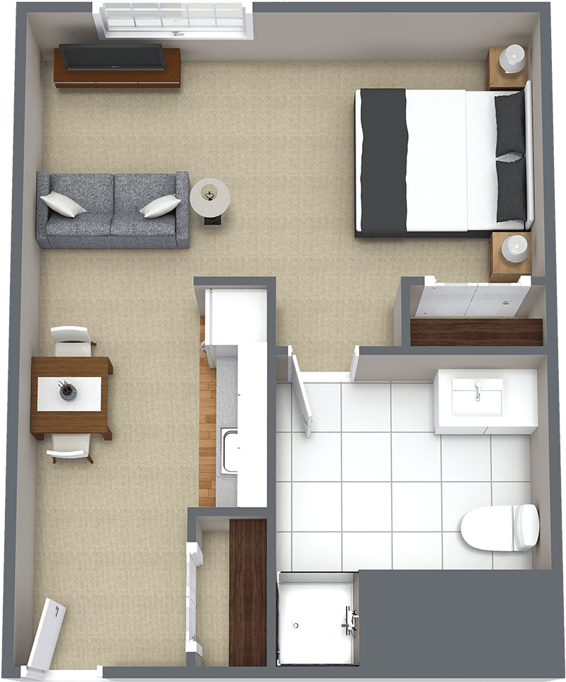 A top-down view of a compact one-bedroom apartment floor plan.