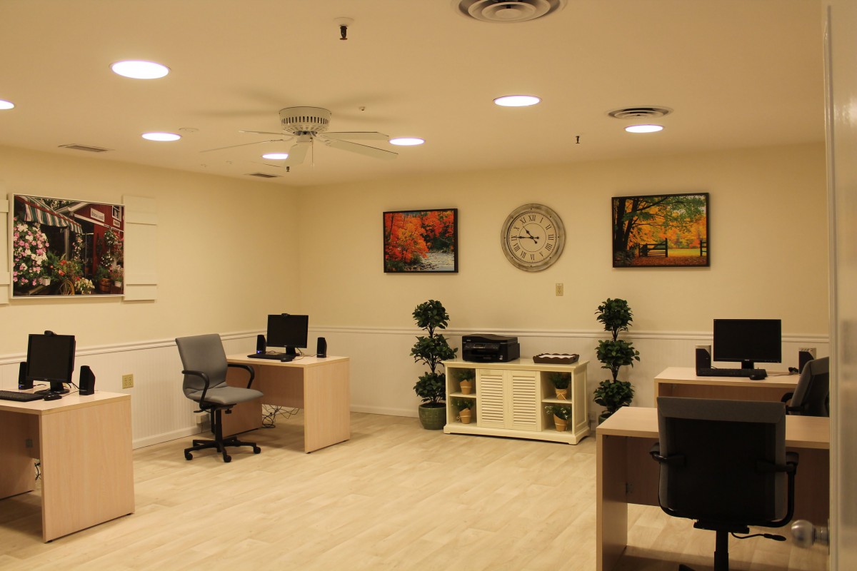 A modern office space with desks, computers, and decorative elements such as artwork and plants.