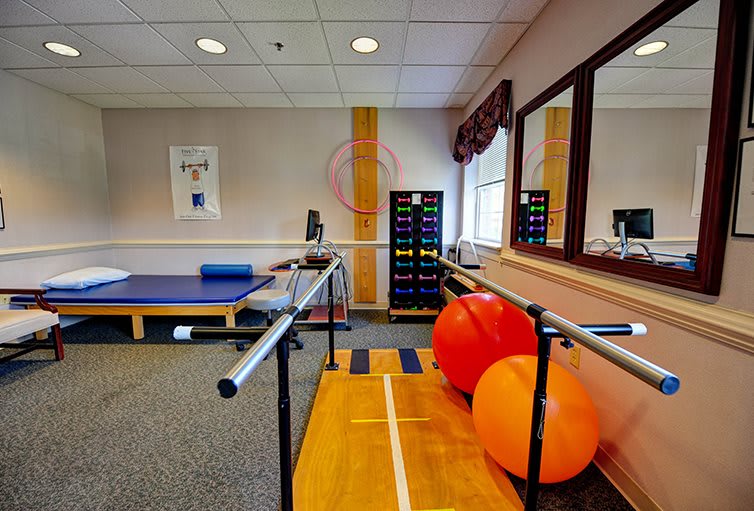 A physical therapy room equipped with parallel bars, therapy balls, an exercise mat, and a mirror for rehabilitation exercises.