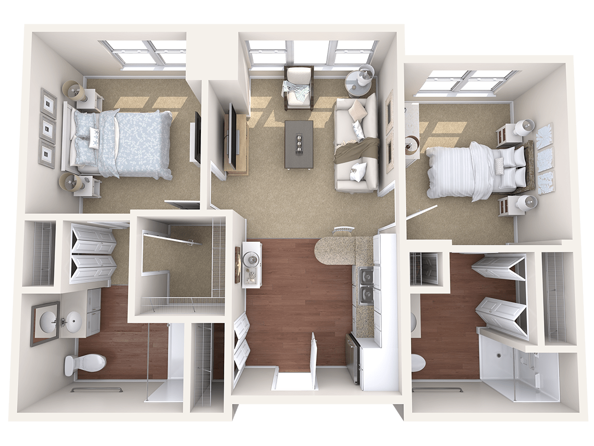 Top-down view of a two-bedroom apartment floor plan featuring a living room, kitchen, and bathroom.