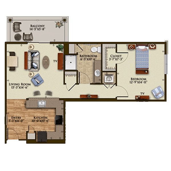 A floor plan of a two-bedroom apartment featuring a kitchen, living room, bathroom, and balcony.
