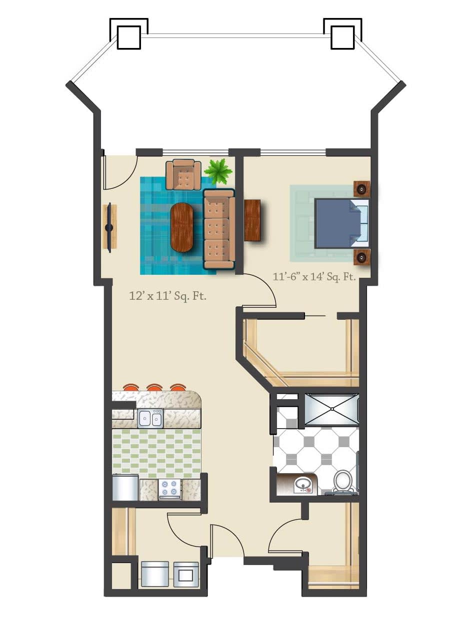 A simple floor plan depicting a one-bedroom apartment layout.