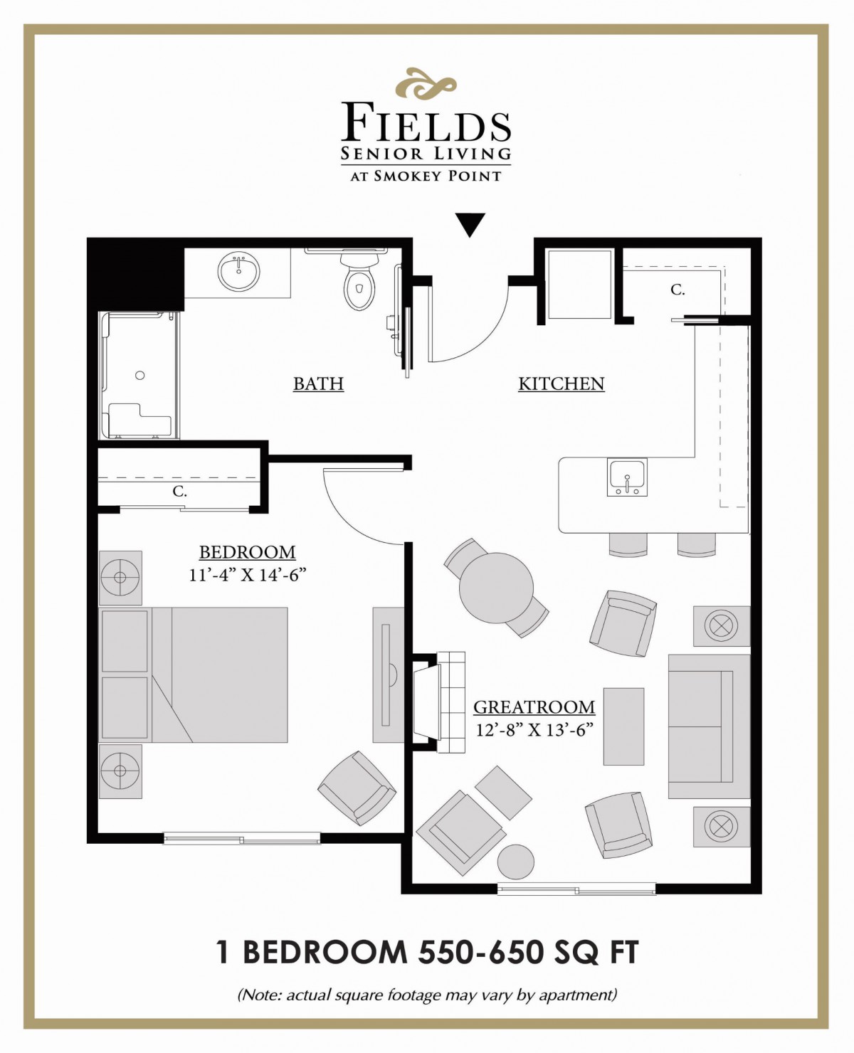 A floor plan of a one-bedroom apartment featuring a living room, kitchen, and bathroom.