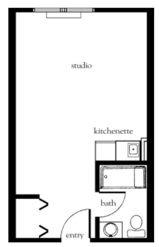 A floor plan of a studio apartment featuring a kitchenette and bathroom.