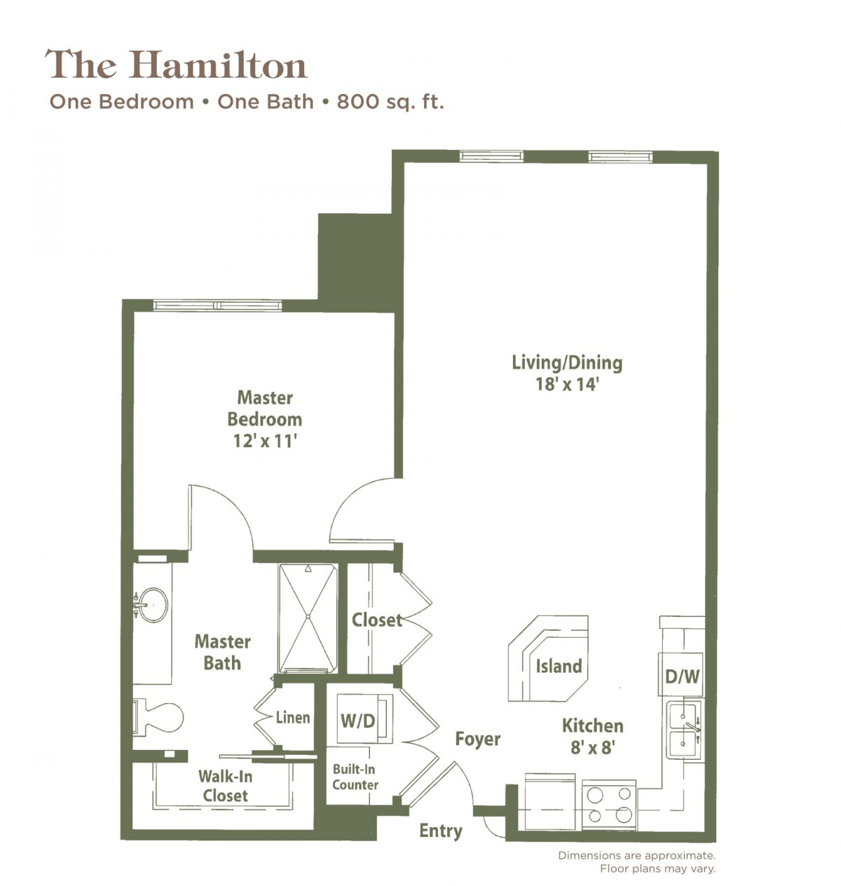 Floor plan for The Hamilton: One-bedroom, one-bath apartment layout.