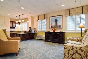 A cozy lobby with comfortable seating and elegant decor.