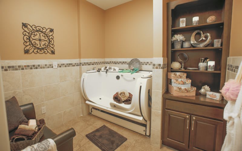 A modern bathroom with a walk-in bathtub and neatly arranged shelves.