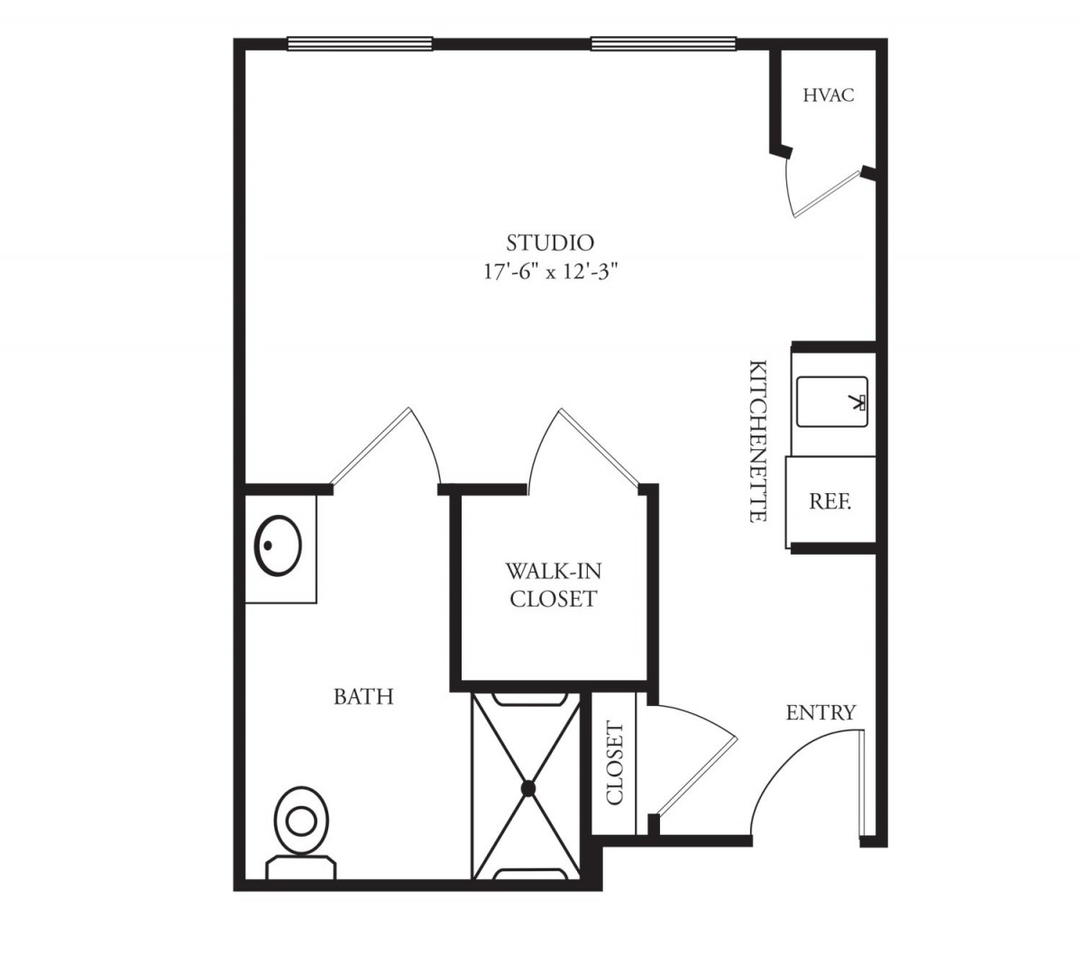 Studio apartment floor plan with a walk-in closet, bathroom, and kitchen.