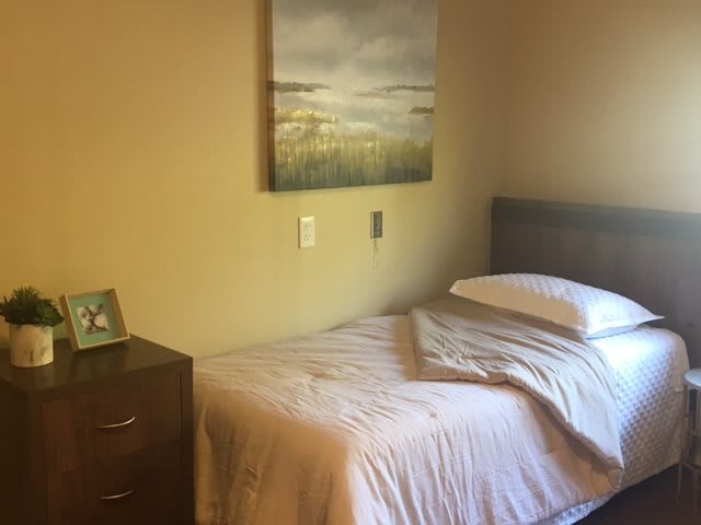 A cozy bedroom with a single bed and wall painting.