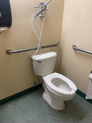 A view of a bathroom featuring a toilet with a bidet attachment and grab bars for accessibility.