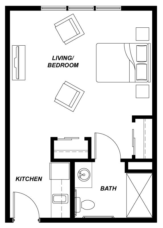 A floor plan of a studio apartment featuring combined living and bedroom space, a kitchen, and a bathroom.