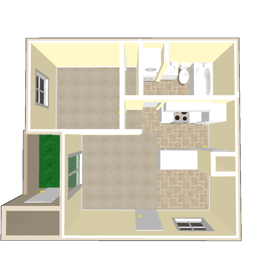 3D floor plan of a small apartment showcasing a bedroom, living area, kitchen, and bathroom.