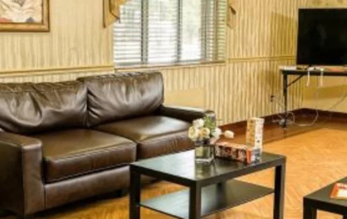 A cozy living room with a brown leather sofa and a black coffee table, adorned with flowers.