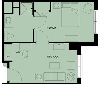 A floor plan of a one-bedroom apartment with living room, kitchen, and bathroom.