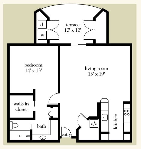 This is a floor plan of a one-bedroom apartment with a living room, kitchen, bathroom, walk-in closet, and terrace.