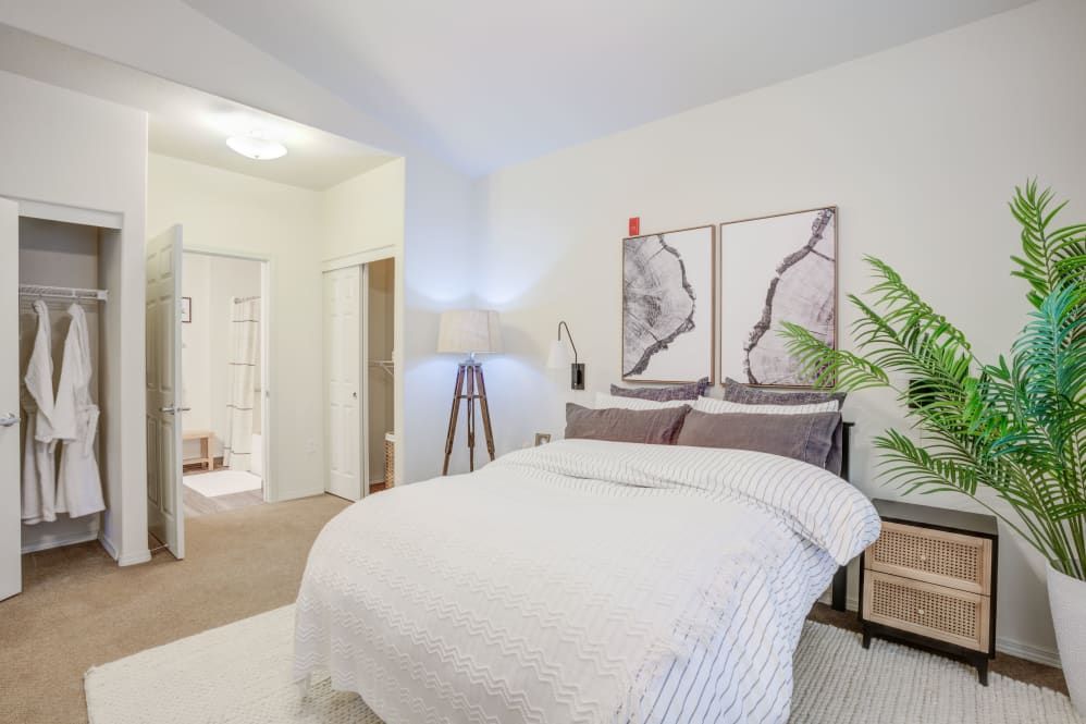 A modern bedroom featuring a comfortable bed, floor lamp, indoor plant, and abstract artwork on the wall.