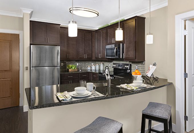 A modern kitchen with dark cabinetry, stainless steel appliances, and a granite countertop.