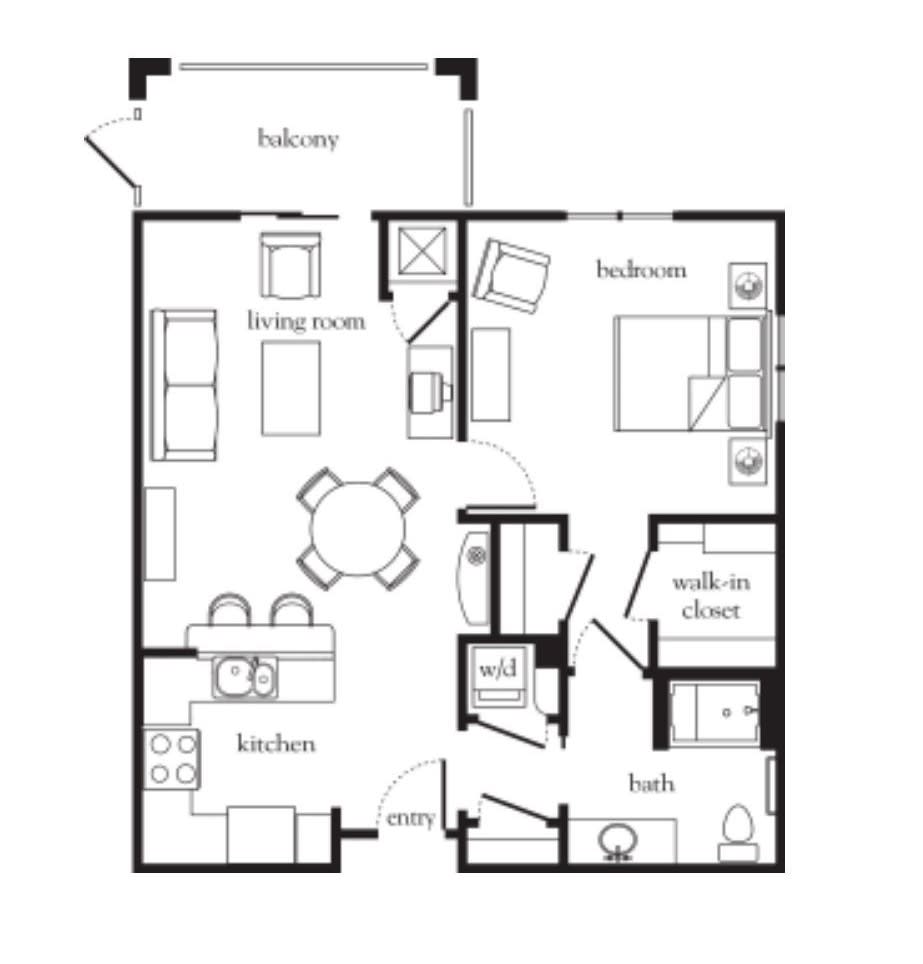 Floor plan of a one-bedroom apartment featuring a kitchen, living room, bathroom, walk-in closet, and balcony.