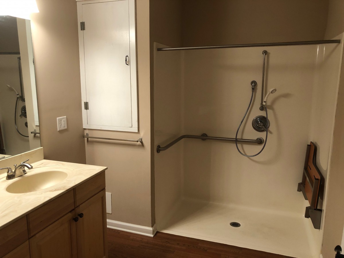 A modern bathroom with an accessible walk-in shower and a vanity sink.