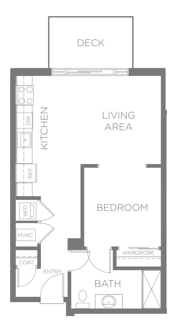 A simple floor plan showing an open living area, kitchen, and bedroom.