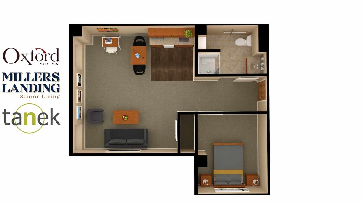 A floor plan of a one-bedroom apartment featuring a living room, kitchen, and bathroom.
