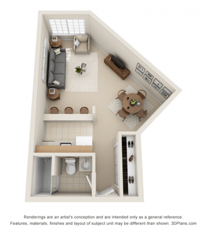 Studio apartment floor plan with living, dining, kitchen, and bathroom areas.