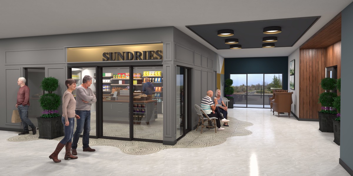 A modern sundries shop with people seated outside in a well-lit interior space.