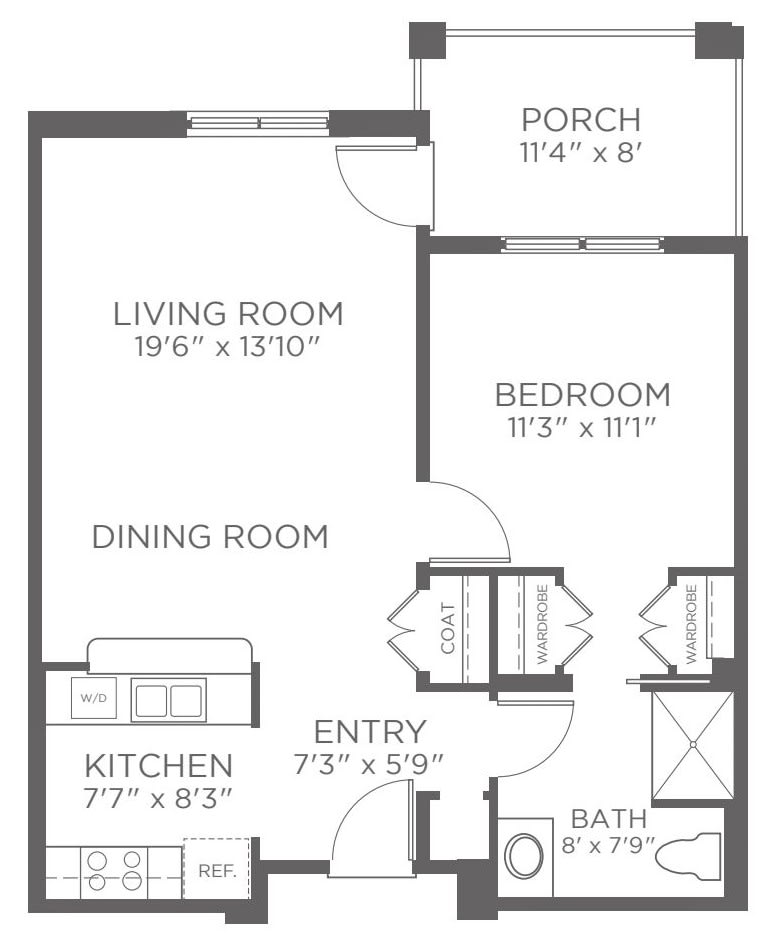 A floor plan of a one-bedroom apartment featuring a living room, kitchen, dining room, bedroom, bathroom, and porch.