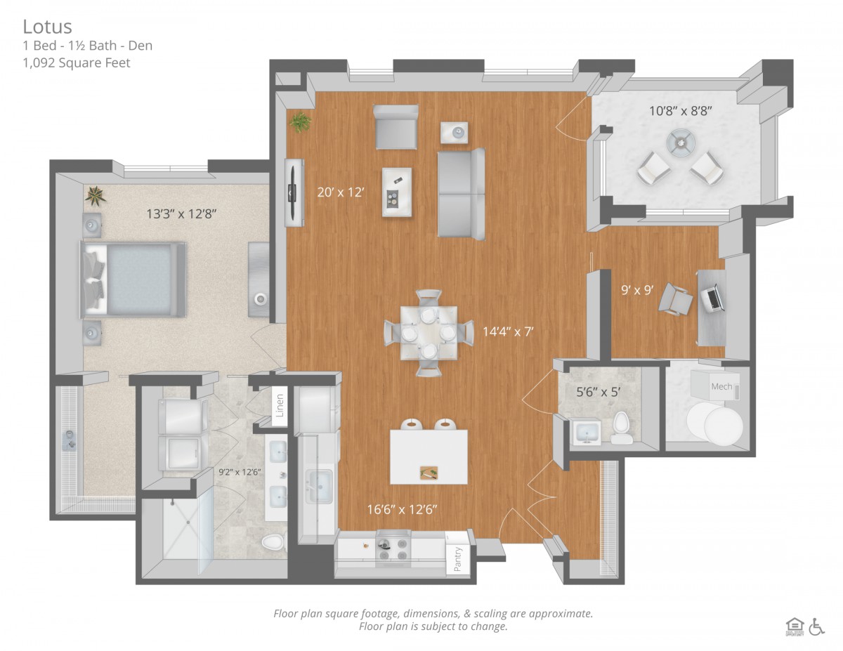 Floor plan of an apartment showcasing room layout and furniture arrangement.