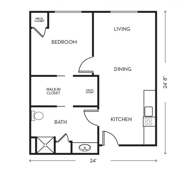 A floor plan of a one-bedroom apartment featuring a kitchen, living and dining area, bathroom, and closet.