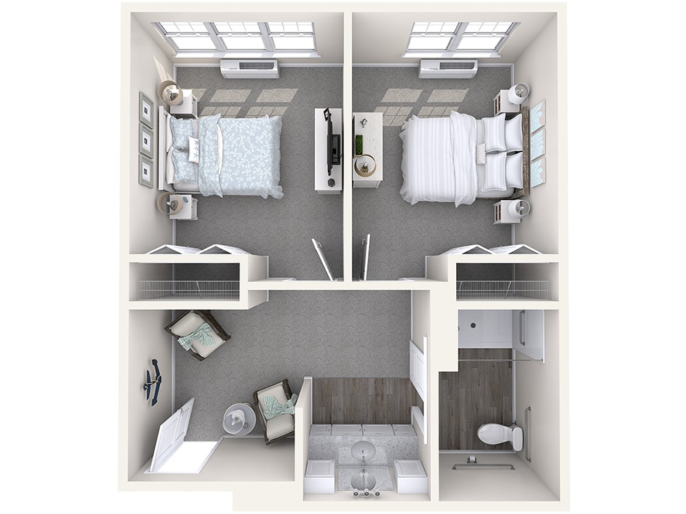 A detailed floor plan of a compact two-bedroom apartment with shared living space.