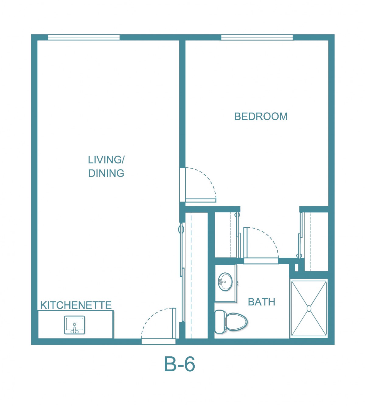 A floor plan for a one-bedroom apartment including living/dining area, kitchen, and bathroom.
