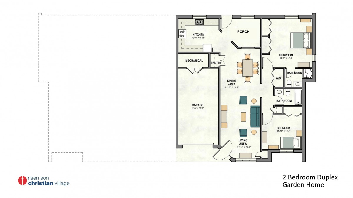 This image is a floor plan depicting the layout of a residential space, including rooms and furniture placement.