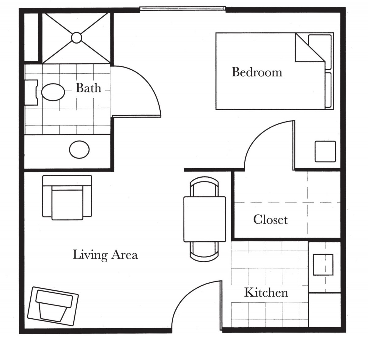 A simple floor plan of a one-bedroom apartment featuring a living area, kitchen, bathroom, and closet.