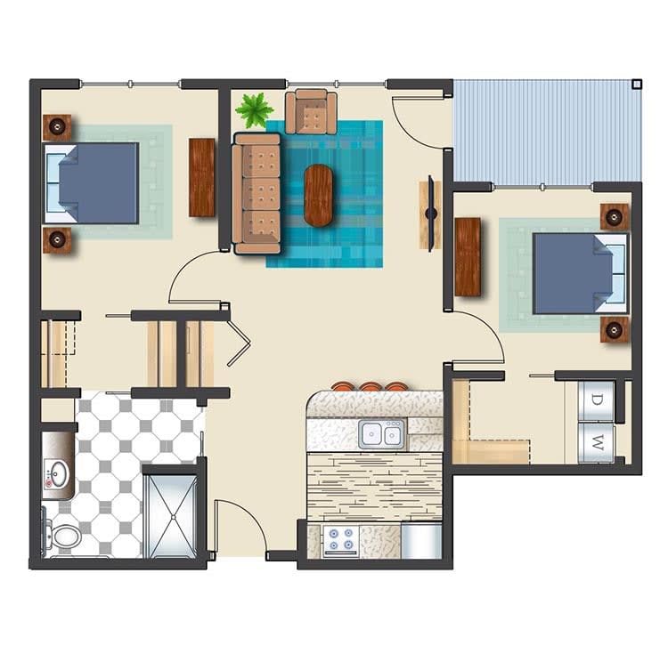 A detailed floor plan of a two-bedroom apartment showcasing the layout of rooms including a living room, kitchen, and bathroom.