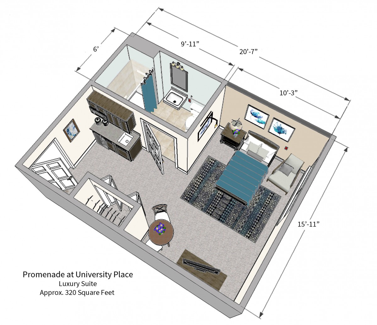 3D floor plan of a studio apartment with bedroom, bathroom, and kitchen area.
