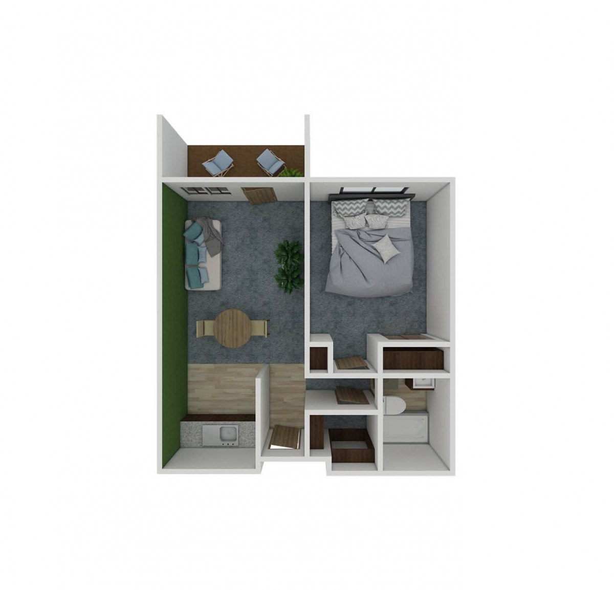A 3D rendered floor plan of a one-bedroom apartment featuring a living room, kitchen, and bathroom.