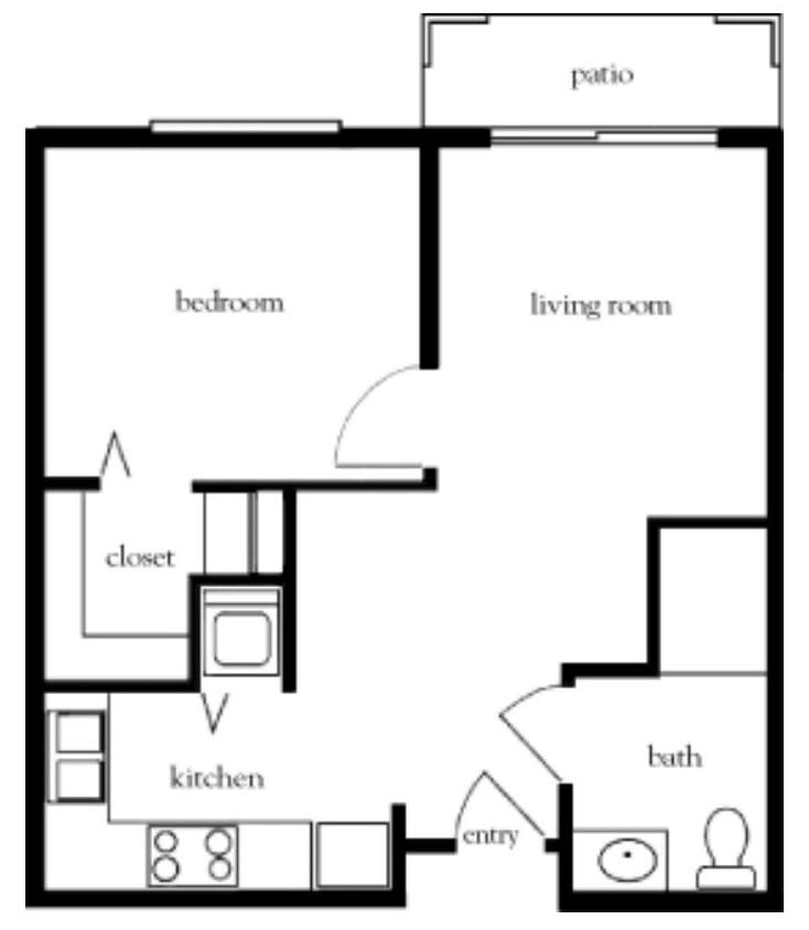 A floor plan of a one-bedroom apartment featuring a living room, kitchen, bathroom, closet, and patio.