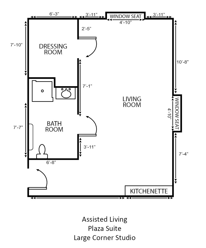 A floor plan layout for an assisted living apartment, featuring a kitchen, living room, dining room, and bathroom.