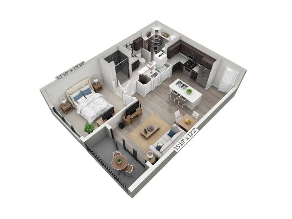 3D rendering of a modern one-bedroom apartment floor plan with an open kitchen and living area.