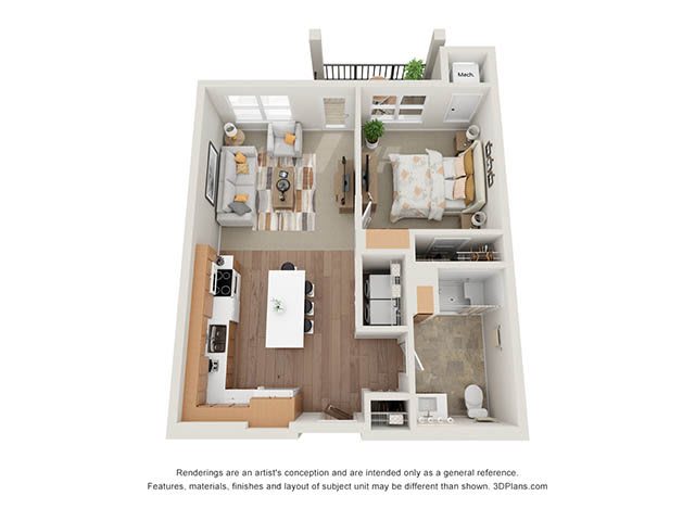 A 3D floor plan of a one-bedroom apartment featuring a living room, kitchen, bathroom, and balcony.