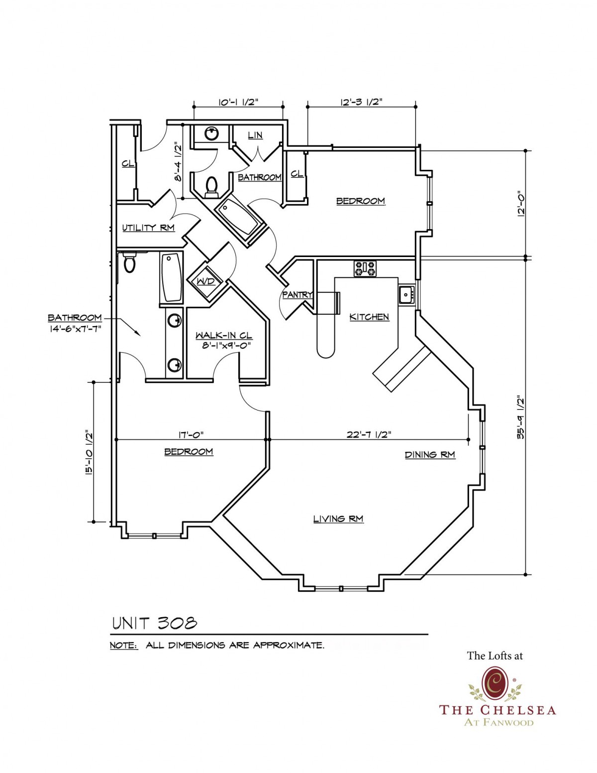 An architectural floor plan detailing the layout of a residential unit with two bedrooms, a kitchen, and a living area.