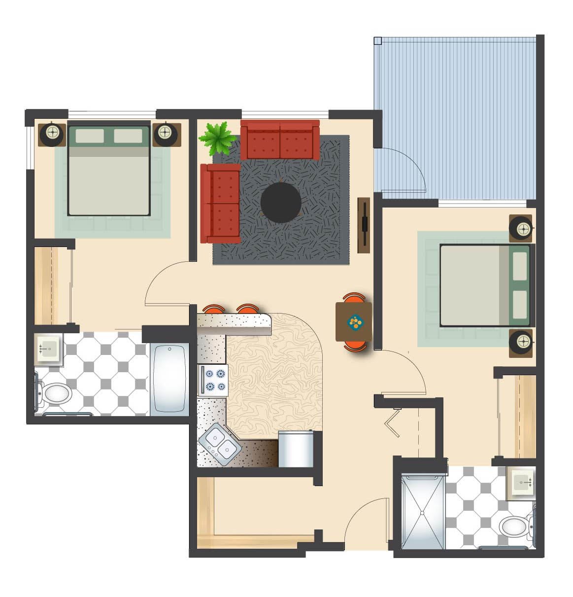 A floor plan of a two-bedroom apartment featuring a living room, bathroom, and kitchen.
