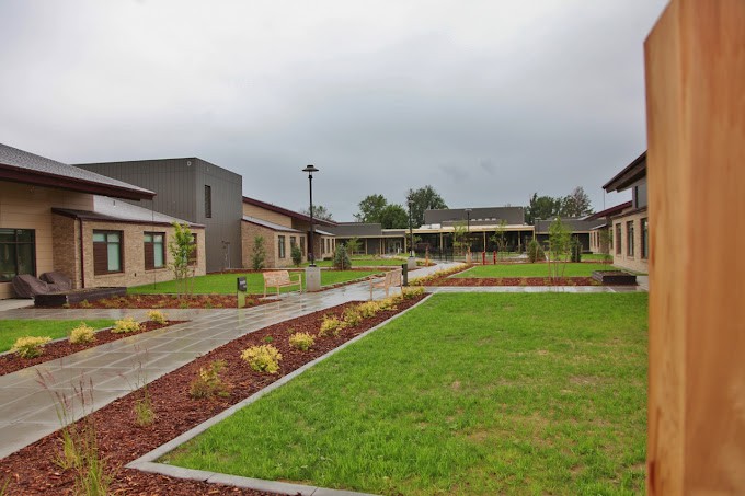 A courtyard with a walkway surrounded by modern buildings and green lawns under an overcast sky.
